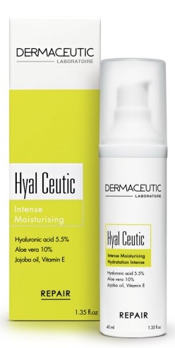 White pump bottle with a silver cap, labeled "Hyal Ceutic Intense Moisturising" in green and yellow, alongside a matching yellow box, highlighting key ingredients like hyaluronic acid and aloe vera.