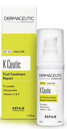 White pump bottle with a green and white box, labeled "Dermaceutic K Ceutic Post-Treatment Repair," featuring SPF 50, and highlighting key ingredients like K complex and vitamins C & E.