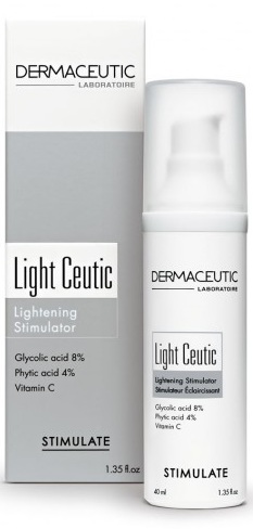 White and silver cylindrical bottle with a pump top, labeled "Light Ceutic Lightening Night Cream," alongside a matching box, featuring key ingredients and a sleek design.