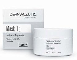 White jar with a silver lid labeled "DERMACEUTIC Mask 15 - Masque Purifiant," featuring details about its ingredients and purpose, set against a light background.