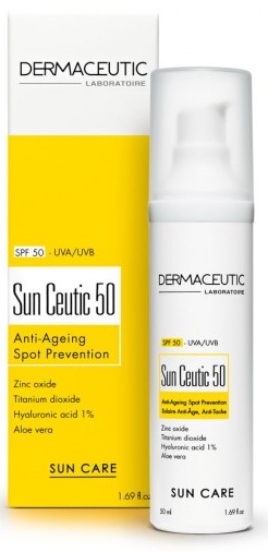White bottle with a pump dispenser, labeled "Sun Ceutic SPF 50" in bold yellow and black text, featuring key ingredients like zinc oxide and hyaluronic acid, set against a white background.