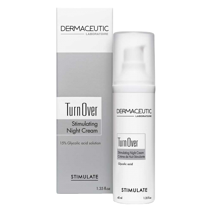 White cylindrical bottle with a pump dispenser, labeled "TurnOver" in bold, featuring a sleek design and a silver cap, alongside a matching white box with black text.