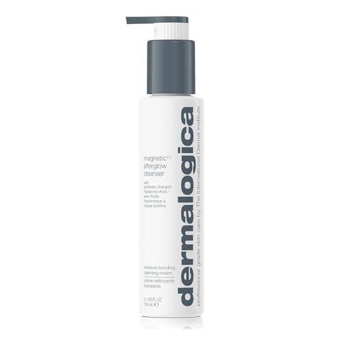 White cylindrical bottle with a gray pump cap, labeled "Dermalogica Magnetic[+] Afterglow Cleanser 150ml," featuring sleek, modern typography.