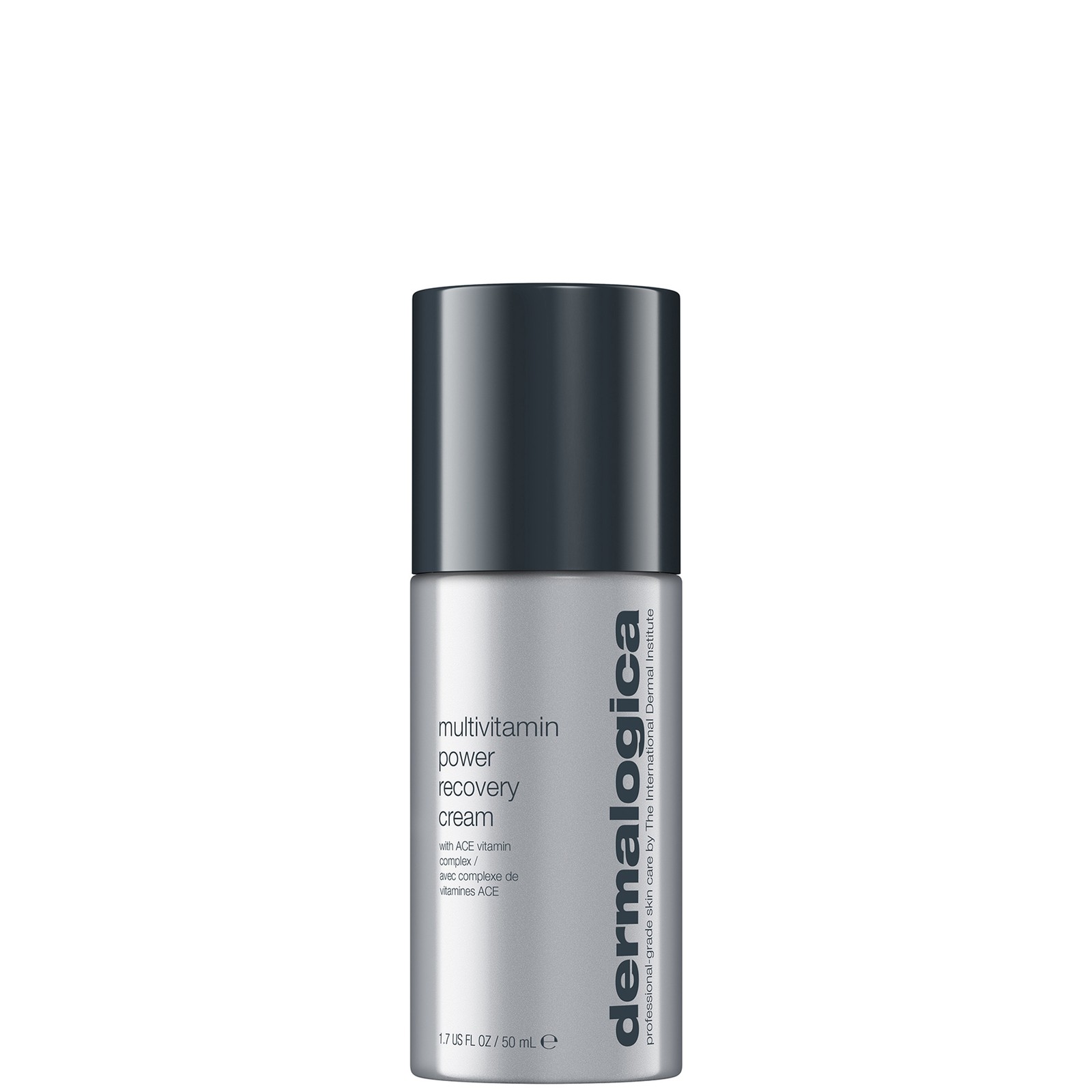 Silver cylindrical bottle with a black pump cap, labeled "Dermalogica Multivitamin Power Recovery Cream," featuring a minimalist design and key ingredients highlighted.