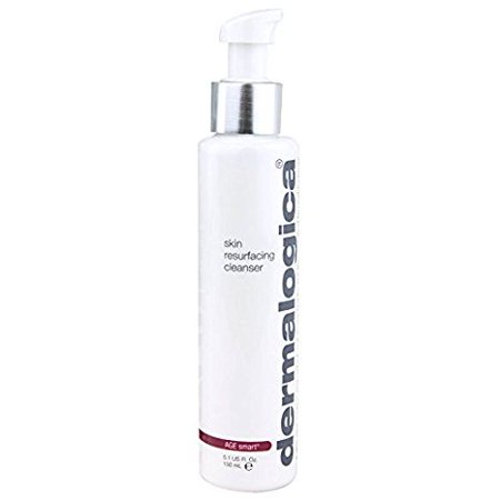 White cylindrical bottle with a pump dispenser, labeled "Dermalogica Age Smart Skin Resurfacing Cleanser," featuring a silver cap and burgundy accents, 150ml.