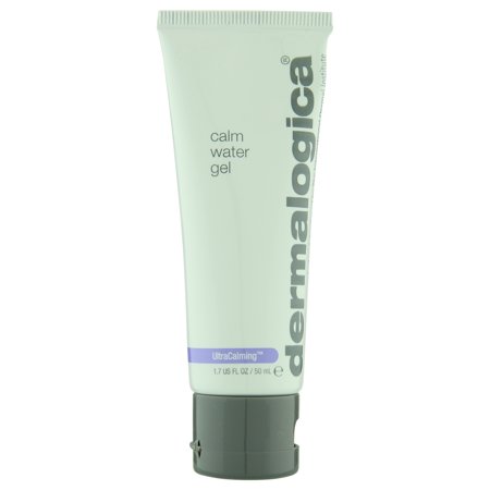 Light green tube with a gray cap, labeled "Calm Water Gel" by Dermalogica, featuring a purple stripe and "UltraCalming™" text, containing 1.7 oz of gel for unisex use.
