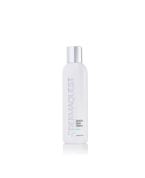 Tall, sleek white bottle with a silver cap, labeled "DermaQuest Melaquest Facial Cleanser" in gray text, containing 177.4ml/6oz of product.