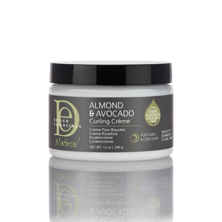 White jar with a black lid labeled "Design Essentials Natural Almond & Avocado Curling Crème," featuring a sleek design and 12 oz capacity, ideal for enhancing curls.