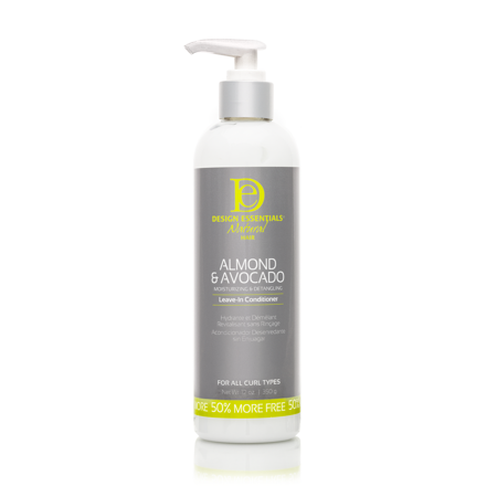 White bottle with a pump top, labeled "Design Essentials Almond Avocado Leave-In Conditioner," featuring a silver cap and a yellow logo, designed for all hair types.
