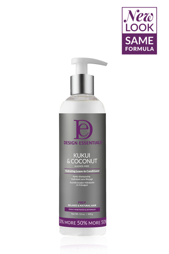 Clear bottle with a pump dispenser, featuring a gray and purple label, labeled "Kukui & Coconut Hydrating Leave-in Conditioner," 12 oz, emphasizing hydration for relaxed and natural hair.