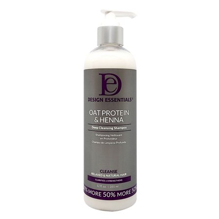 White bottle with a purple label, featuring "Design Essentials" logo, labeled "Oat Protein & Henna Deep Cleansing Shampoo," 12 oz, with a pump dispenser on top.