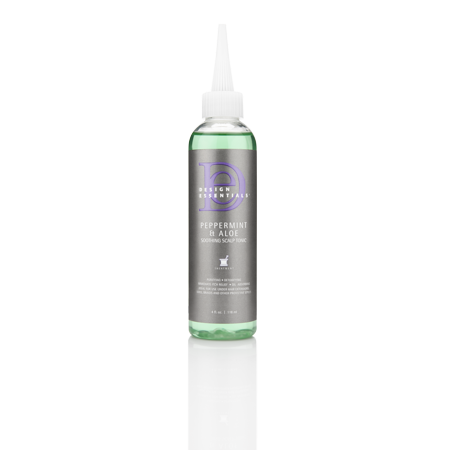 Clear plastic bottle containing a green soothing scalp tonic with a pointed white applicator tip, labeled with "Design Essentials Peppermint & Aloe" in purple and silver text.