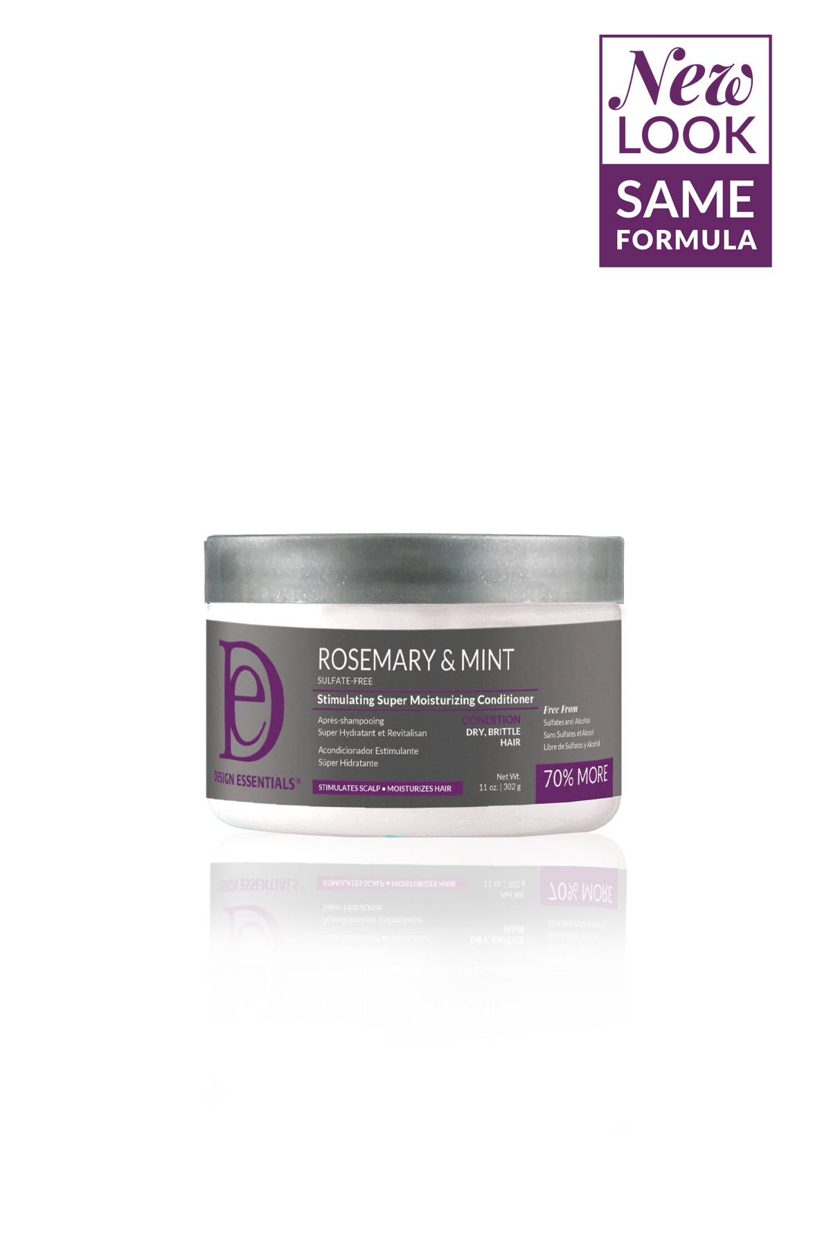 Rosemary and Mint Stimulating Super Moisturizing Conditioner in an 11 oz. silver and purple jar, featuring a new look label and highlighting its moisturizing properties.