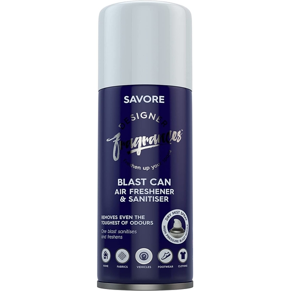 Blue and silver aerosol can featuring "Savore" and "Designer Fragrances" branding, designed for air freshening and sanitizing, with a sleek, modern look.