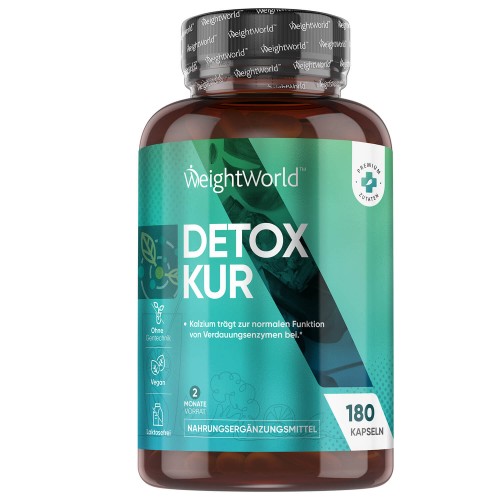 Brown plastic bottle with a silver and teal label, featuring "Detox & Cleanse" in bold text, containing 180 capsules, ideal for overall well-being, by WeightWorld UK.