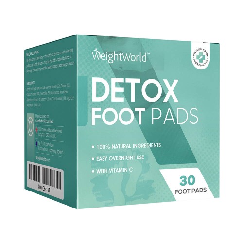 WeightWorld Detox Foot Patches box in teal and white, featuring "Detox Foot Pads" text, contains 30 pads made from 100% natural ingredients with added vitamin C.