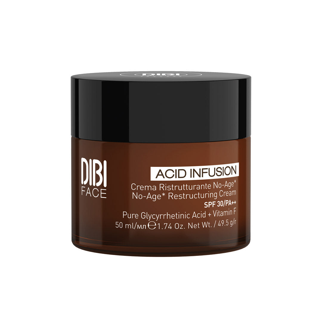 Brown glass jar with a black lid, labeled "DIBI FACE ACID INFUSION No Age Cream SPF30," featuring anti-ageing and rejuvenating claims, containing 50ml of cream.