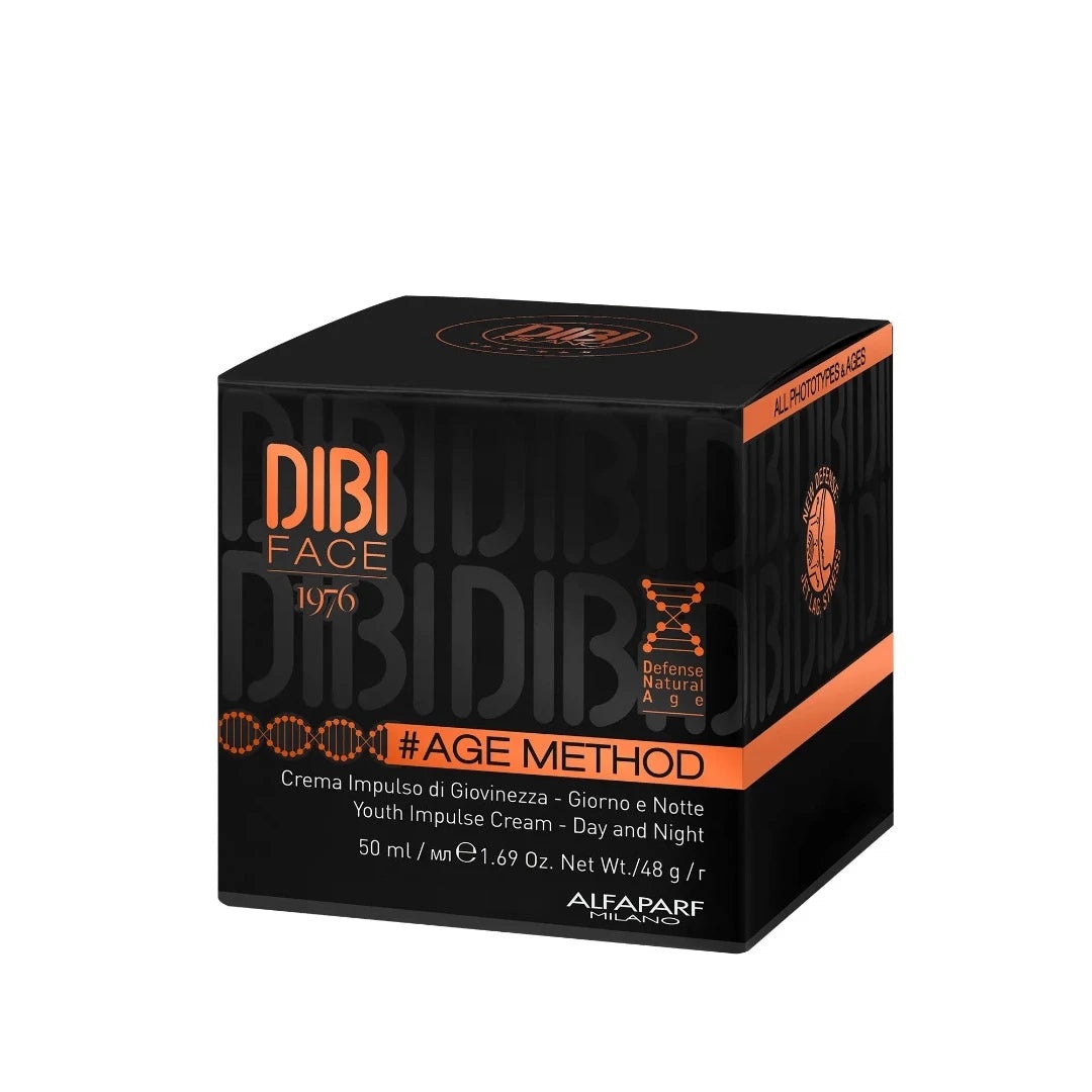 DIBI Milano Day and Night Youth Impulse Cream in a sleek black and orange box, featuring anti-ageing benefits, with a 50ml capacity and a modern design.