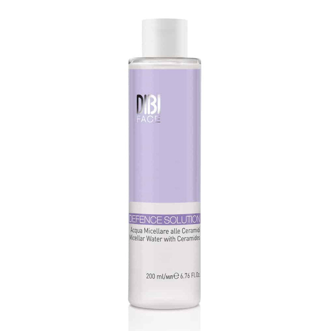 Clear plastic bottle of DIBI Milano Defence Solution Micellar Water, featuring a lavender label, designed for sensitive skin, with a capacity of 200ml.