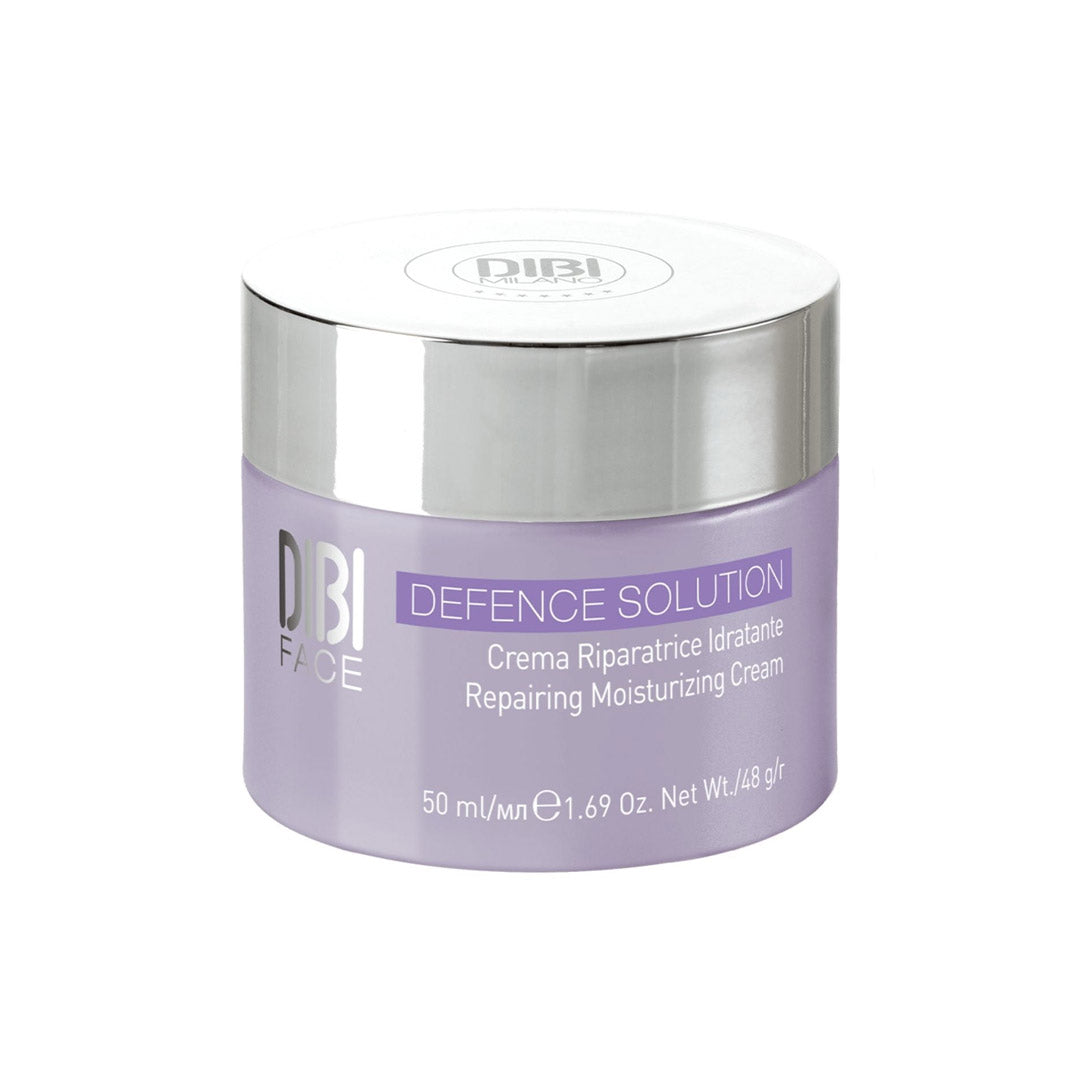 Lavender jar with a silver lid labeled "DIBI FACE Defence Solution Repairing Moisturizing Cream," 50ml, fragrance-free, designed for facial hydration and repair.