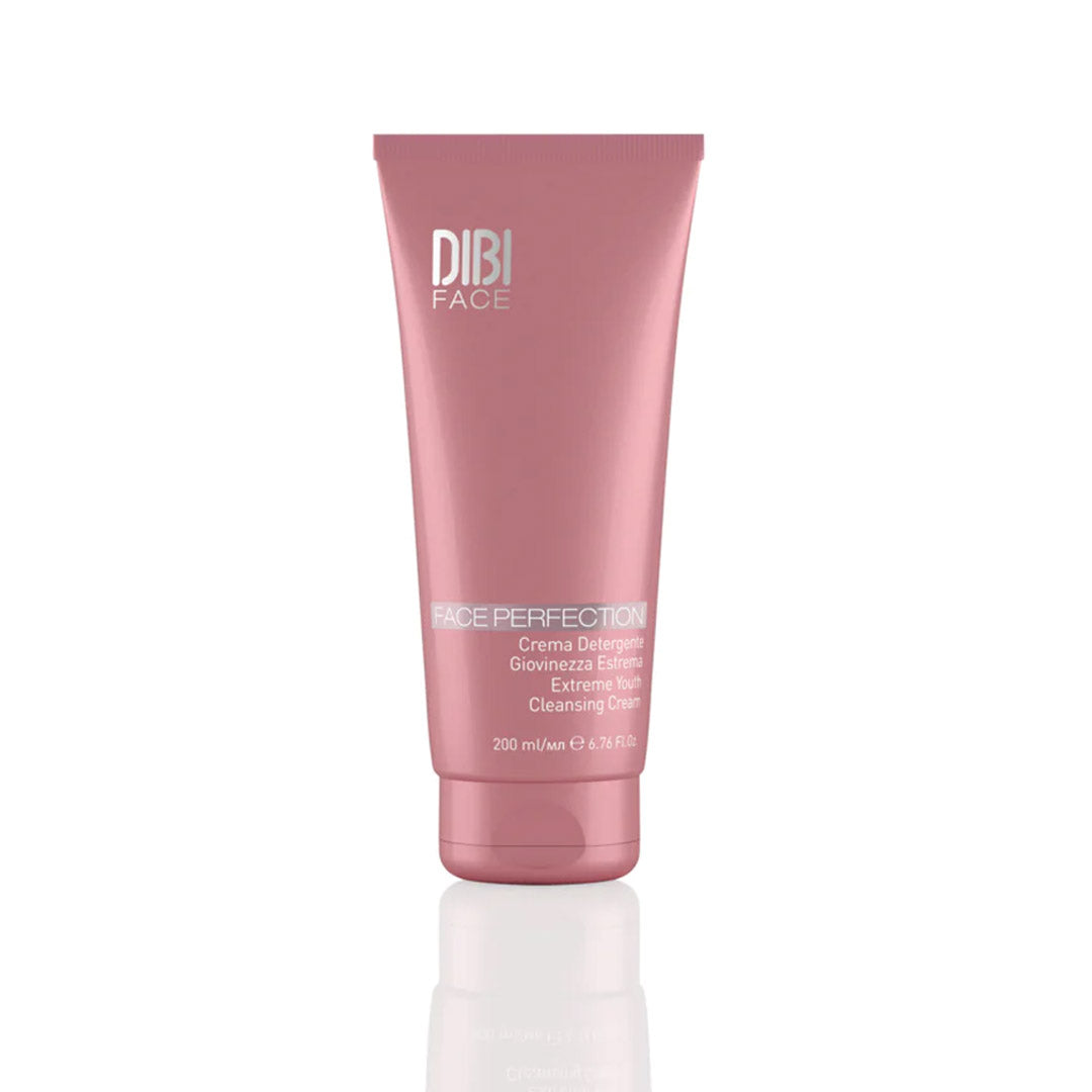 Pink tube of DIBI Milano Face Perfection Extreme Youth Cleanse, 200ml, featuring a sleek design and white text highlighting its antioxidant-infused formula for cleansing.