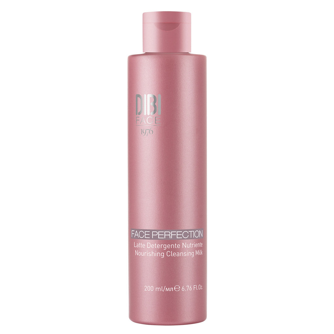 Pink cylindrical bottle of DIBI Milano Face Perfection Nourish Cleanse Milk, 200ml, featuring a sleek design and white text highlighting its hydrating and makeup-removing properties.