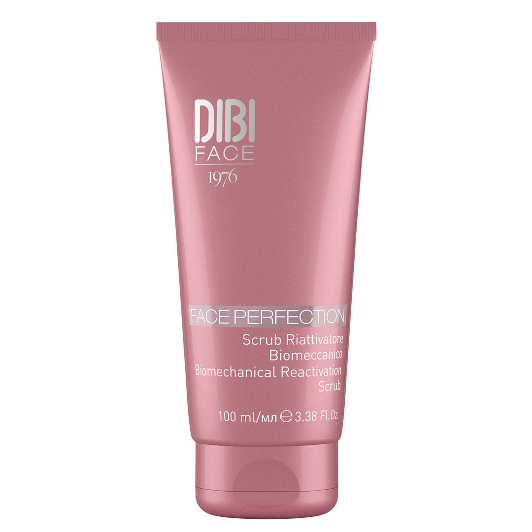 Pink tube of DIBI Milano Face Perfection Reactivating Scrub, 100ml, featuring a sleek design with white text highlighting its exfoliating and smoothing properties.