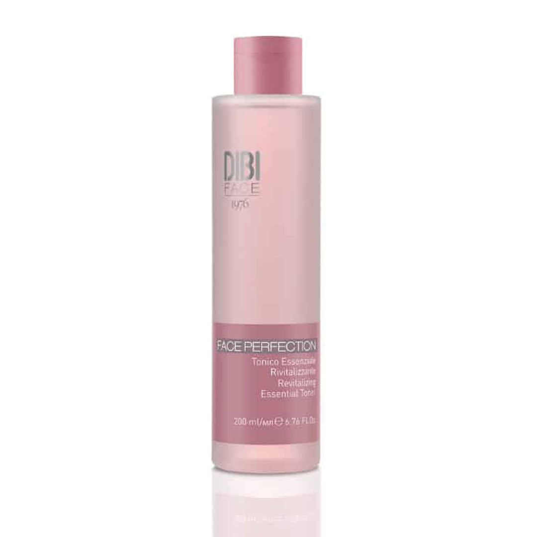 DIBI Milano Face Perfection Revitalise Toner in a sleek, pink-tinted bottle with a silver cap, labeled for all skin types, 200ml, designed for balancing and revitalizing the skin.