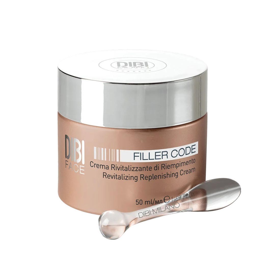 DIBI Milano Filler Code Revitalizing Replenishing Cream in a sleek, beige jar with a silver lid, accompanied by a small, clear applicator spoon, labeled for anti-aging benefits.