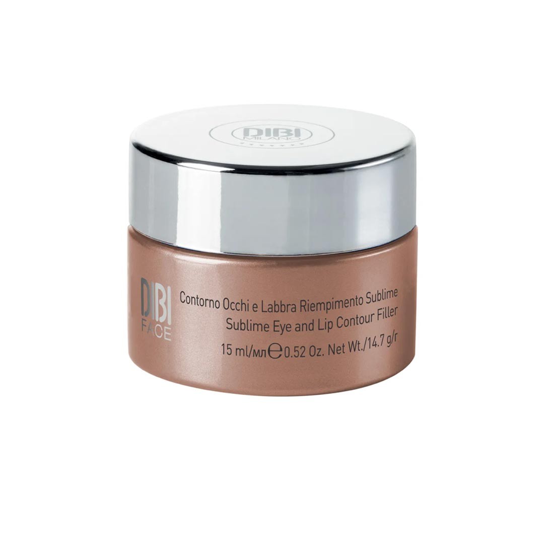 DIBI Milano Filler Code Sublime Eye and Lip Contour Filler in a sleek, metallic silver and rose gold jar, 15ml, designed for smoothing and defining contours.