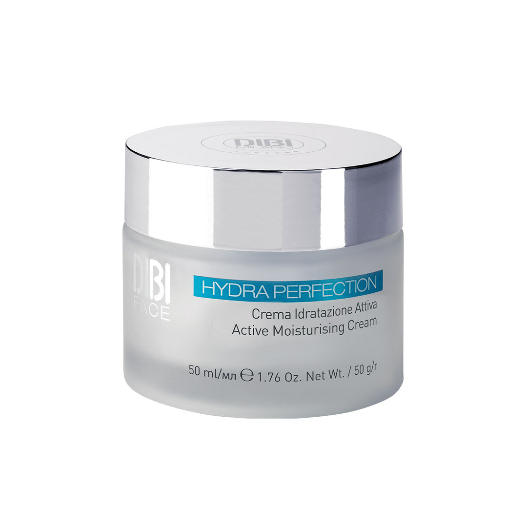 Lightweight, 50ml moisturiser in a frosted glass jar with a silver lid, featuring a blue label that reads "HYDRA PERFECTION" and "Active Moisturising Cream."