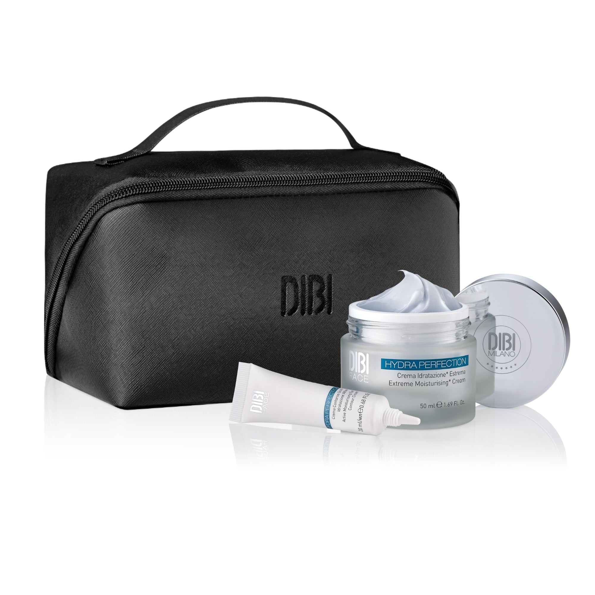Black cosmetic bag with a handle, featuring the DIBI logo, containing a blue and white cream jar labeled "HYDRA PERFECTION" and a small tube of moisturizing serum.