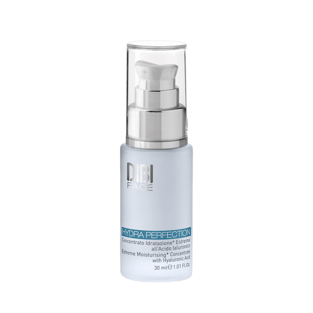Clear glass bottle with a silver pump dispenser, containing a light blue moisturizing cream labeled "DIBI FACE HYDRA PERFECTION" for intense hydration, 30ml size.