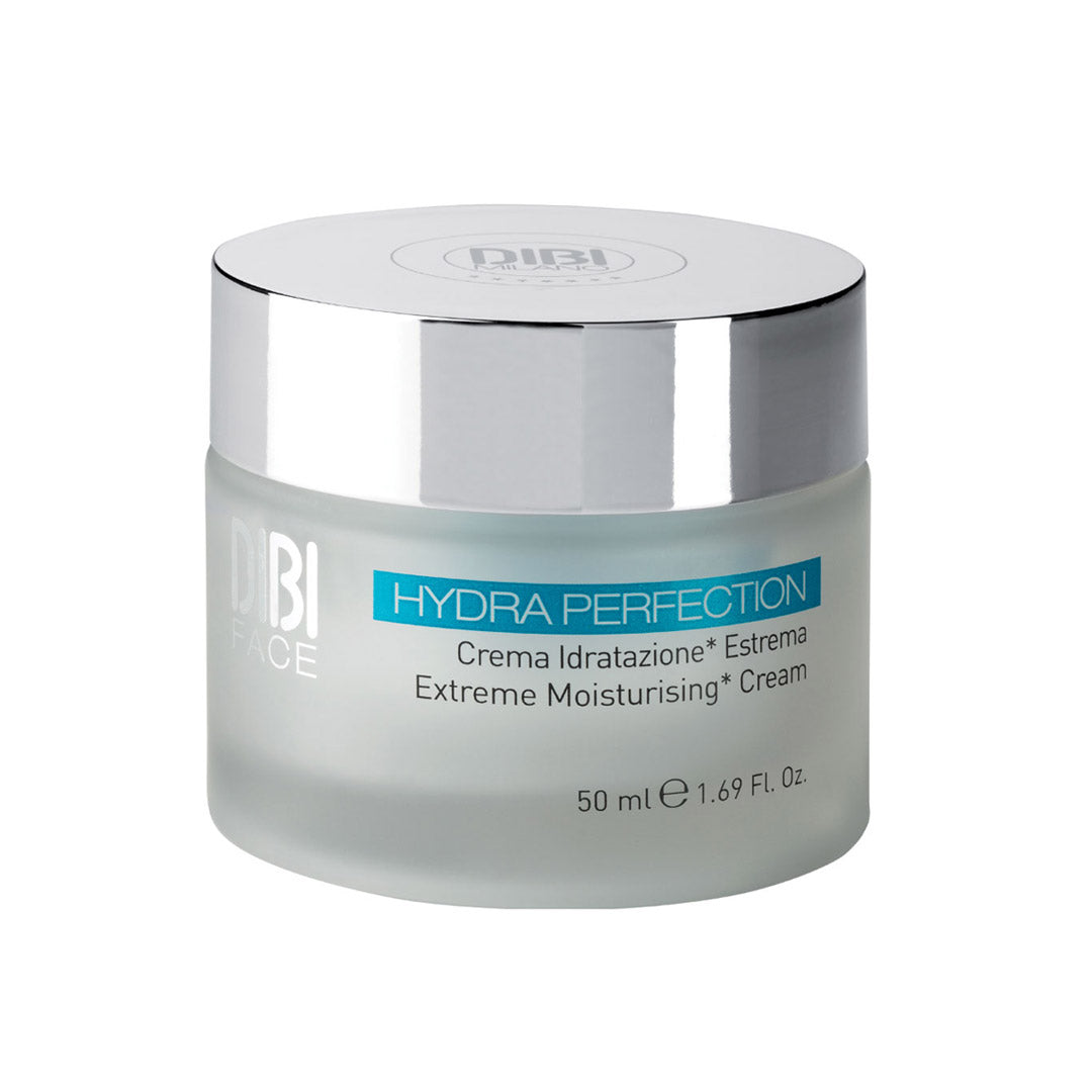 DIBI Milano Hydra Perfection Extreme Moisturising Cream in a sleek, frosted glass jar with a silver lid, labeled in blue and white, designed for dry skin, 50ml.