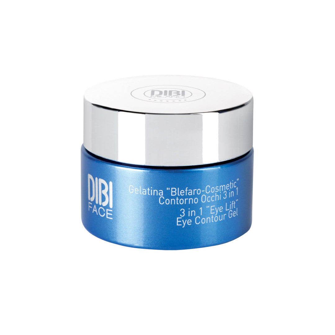 Blue jar with a silver lid labeled "DIBI FACE" contains 15ml of Lift Creator 3-in-1 Eye Contour Gel, designed to lift and smooth eye contours.