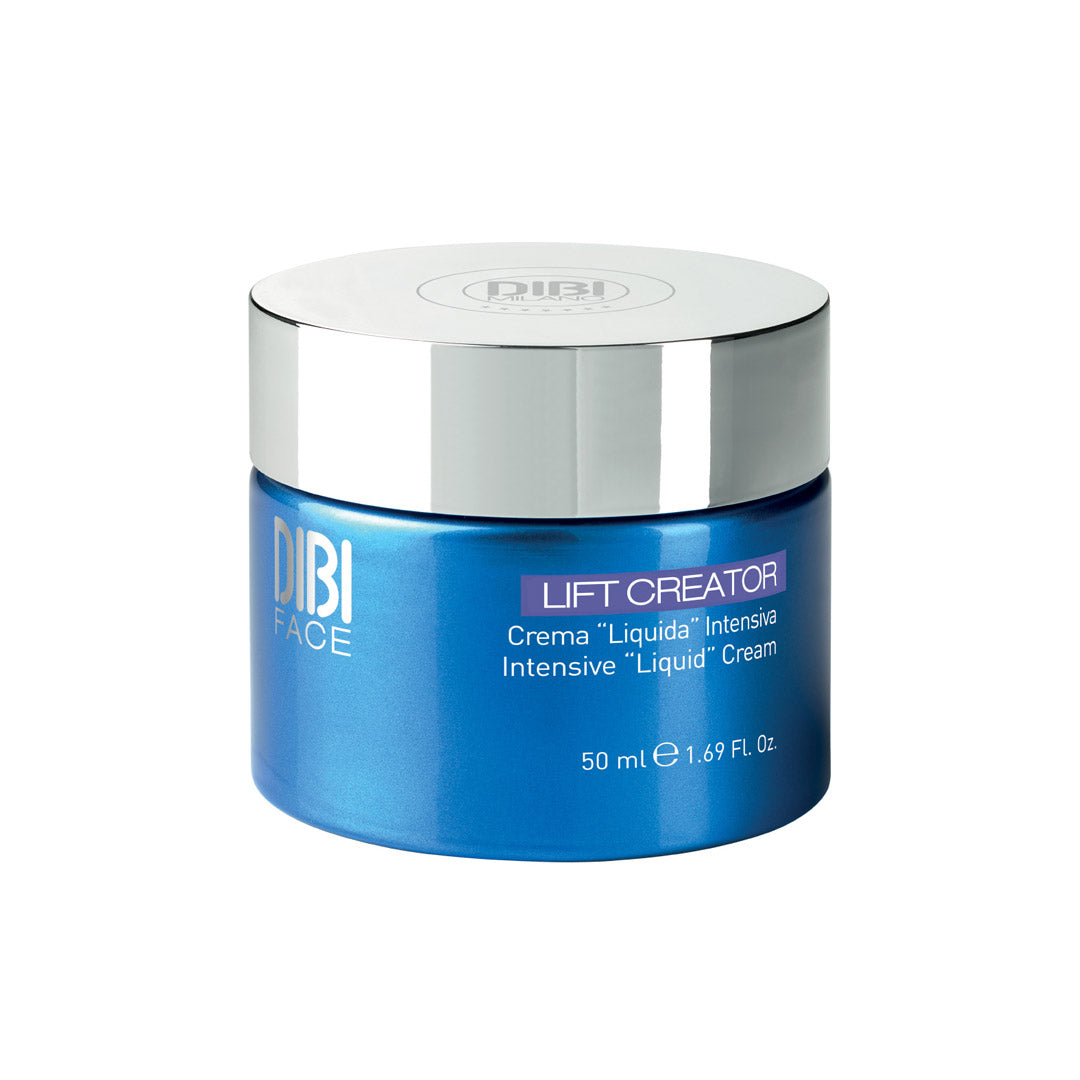 Blue glass jar with a silver lid, labeled "DIBI FACE Lift Creator Intensive Liquid Cream," featuring text in both English and Italian, 50ml size for gentle exfoliation and firming.