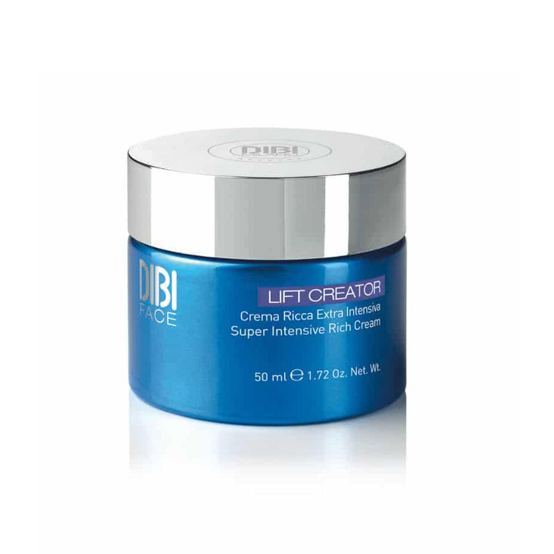 Bright blue jar with a silver lid, labeled "DIBI Lift Creator Super Intensive Rich Cream," designed for dry and mature skin, containing 50ml of product.