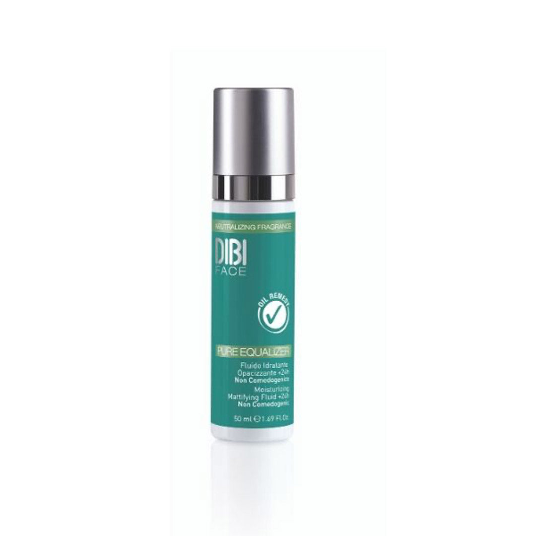 Green and silver 50ml bottle of DIBI Milano Pure Equalizer Moisturising Mattifying Fluid, featuring aloe vera, designed for combination and oily skin.