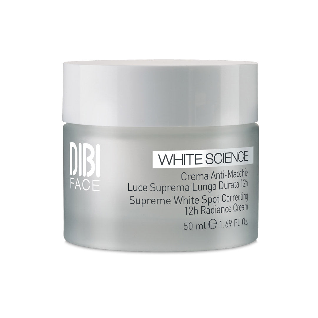 DIBI Milano White Science Spot Correcting Cream in a sleek, frosted glass jar with a silver lid, labeled with white text, featuring a 50ml capacity.