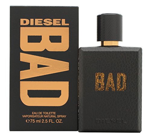 Black rectangular box with gold lettering "DIESEL BAD" and a textured black bottle with a gold cap, labeled "Eau de Toilette" and "2.5 FL. OZ." on the front.