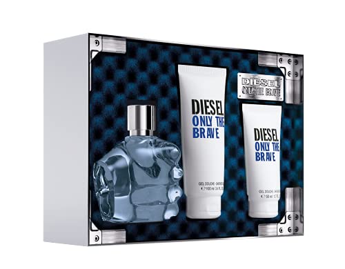 Gift set featuring a 125ml clear glass bottle of Diesel Only the Brave Eau De Toilette, alongside 100ml and 50ml white shower gels, all presented in a blue and silver box.