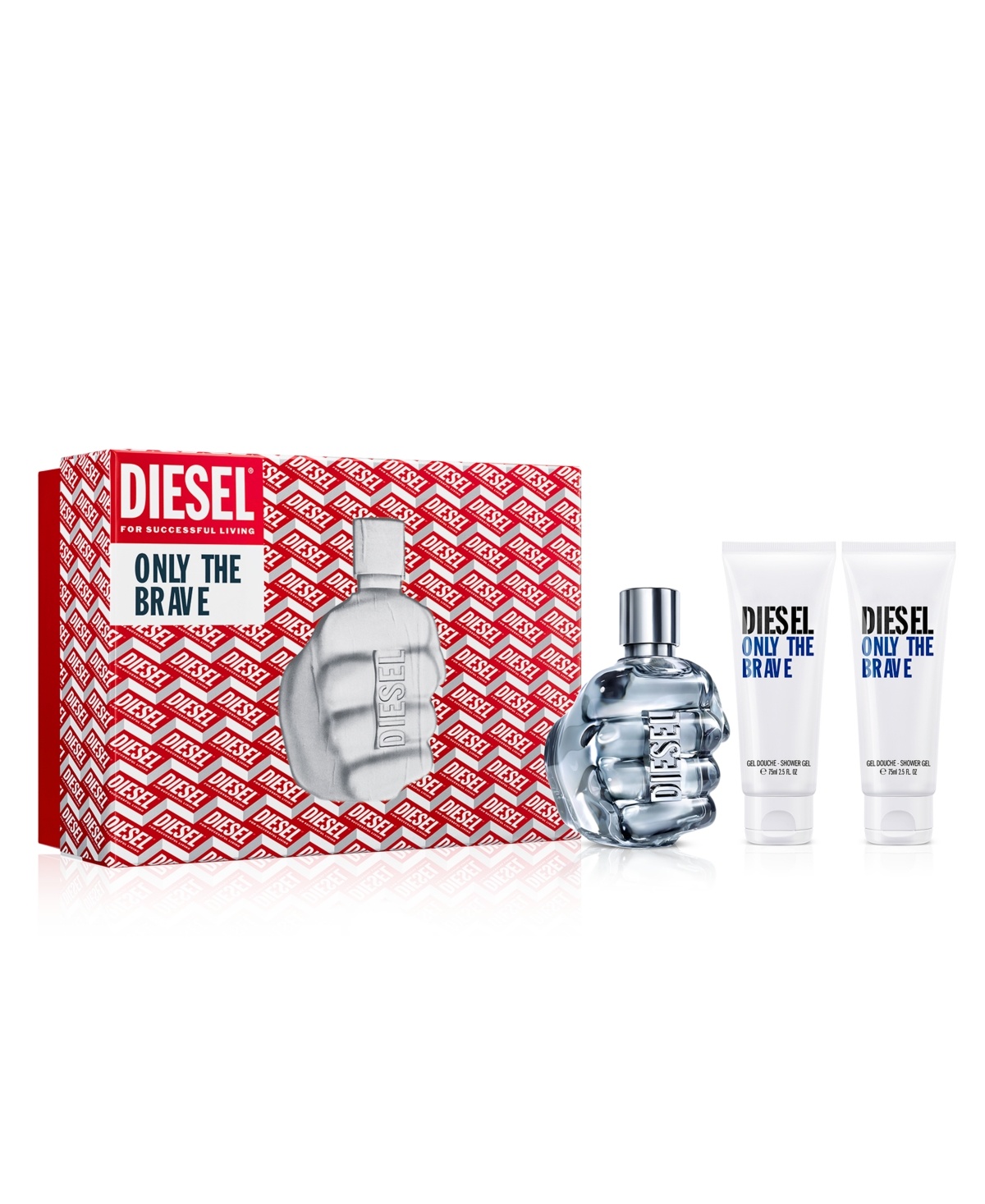 Clear glass bottle shaped like a fist, labeled "DIESEL," alongside two white shower gel tubes, all presented in a red and white patterned box with "ONLY THE BRAVE" branding.