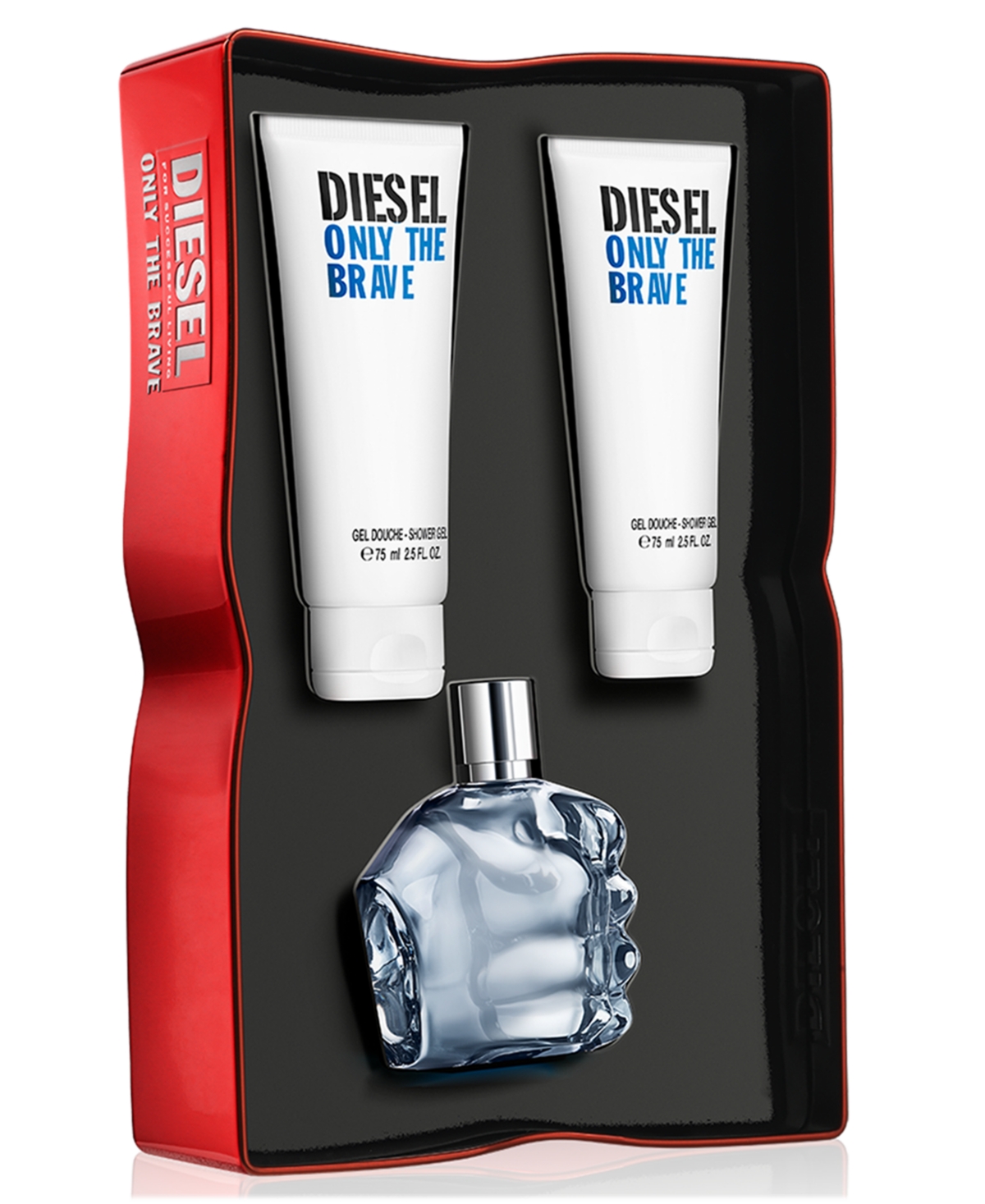 Diesel Only the Brave gift set featuring a 75ml clear glass bottle shaped like a fist, two white shower gel tubes, all presented in a bold red and black box.