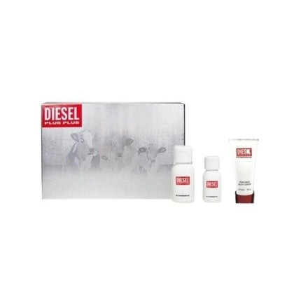 A boxed set featuring Diesel's Plus-Plus Feminine products, including a 75ml Eau De Toilette, a body balm, and a smaller bottle, all with a sleek white and red design.