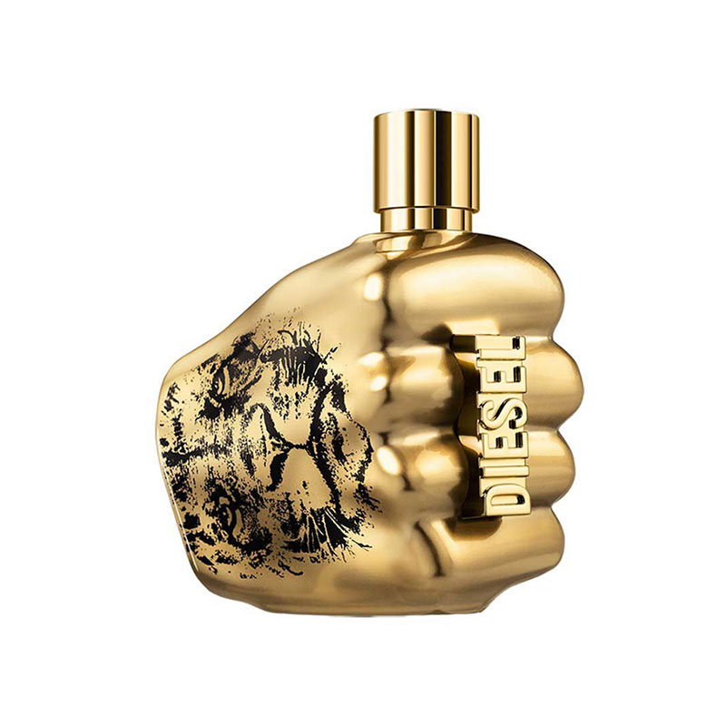Gold fist-shaped bottle with a black lion face design and "DIESEL" embossed on the side, containing 4.2 oz of Diesel Spirit of the Brave Intense Eau de Parfum for men.