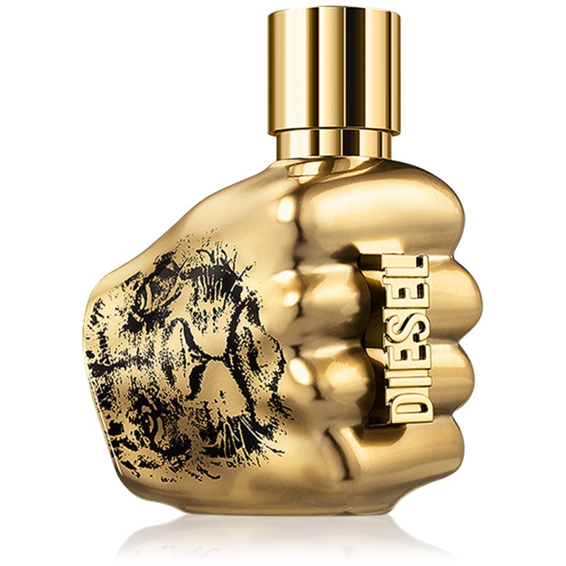 Gold fist-shaped bottle featuring a lion's face design and the "DIESEL" logo, containing 35ml of Spirit of the Brave Intense EDP spray.