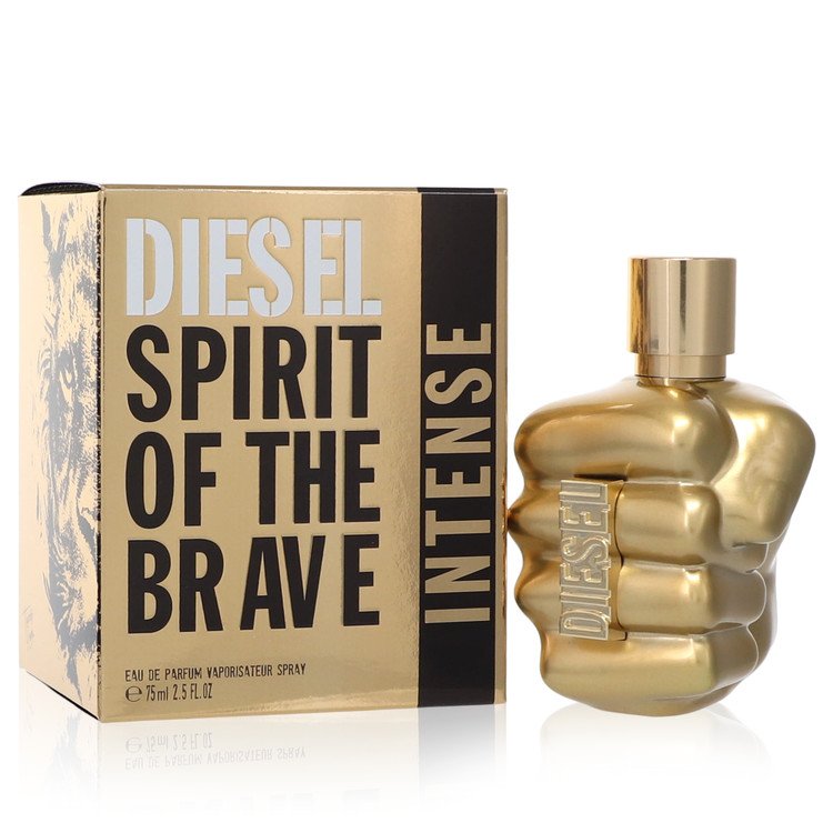 Gold fist-shaped bottle of Diesel Spirit of the Brave Intense Eau De Parfum, accompanied by a black and gold box featuring a lion graphic and bold text.