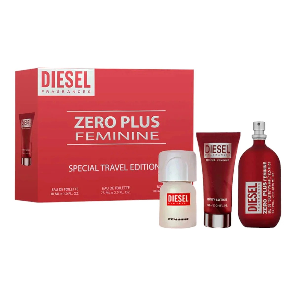 Red packaging featuring "DIESEL ZERO PLUS FEMININE" in bold letters, includes a 75ml EDT bottle, a 100ml body lotion, and a 30ml EDT bottle, all with sleek, modern designs.