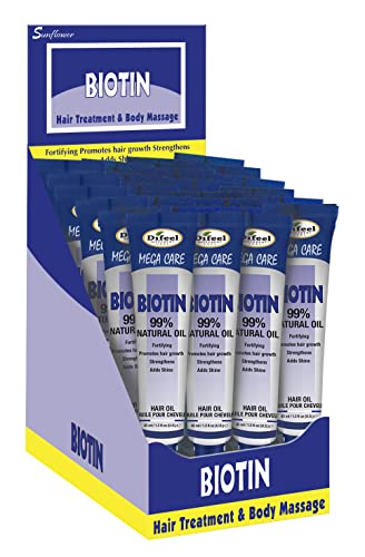 DIFEEL Mega Care Biotin Oil in blue and white packaging, featuring individual tubes, promotes hair growth and strengthens hair, displayed in a countertop display box.