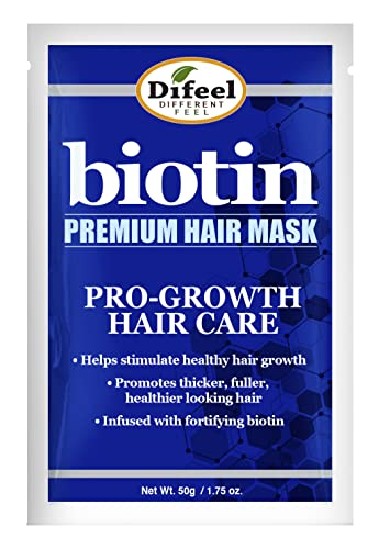 Blue sachet featuring "Difeel Biotin Premium Hair Mask" branding, highlighting pro-growth hair care benefits, with a 50g net weight and a hexagonal pattern background.